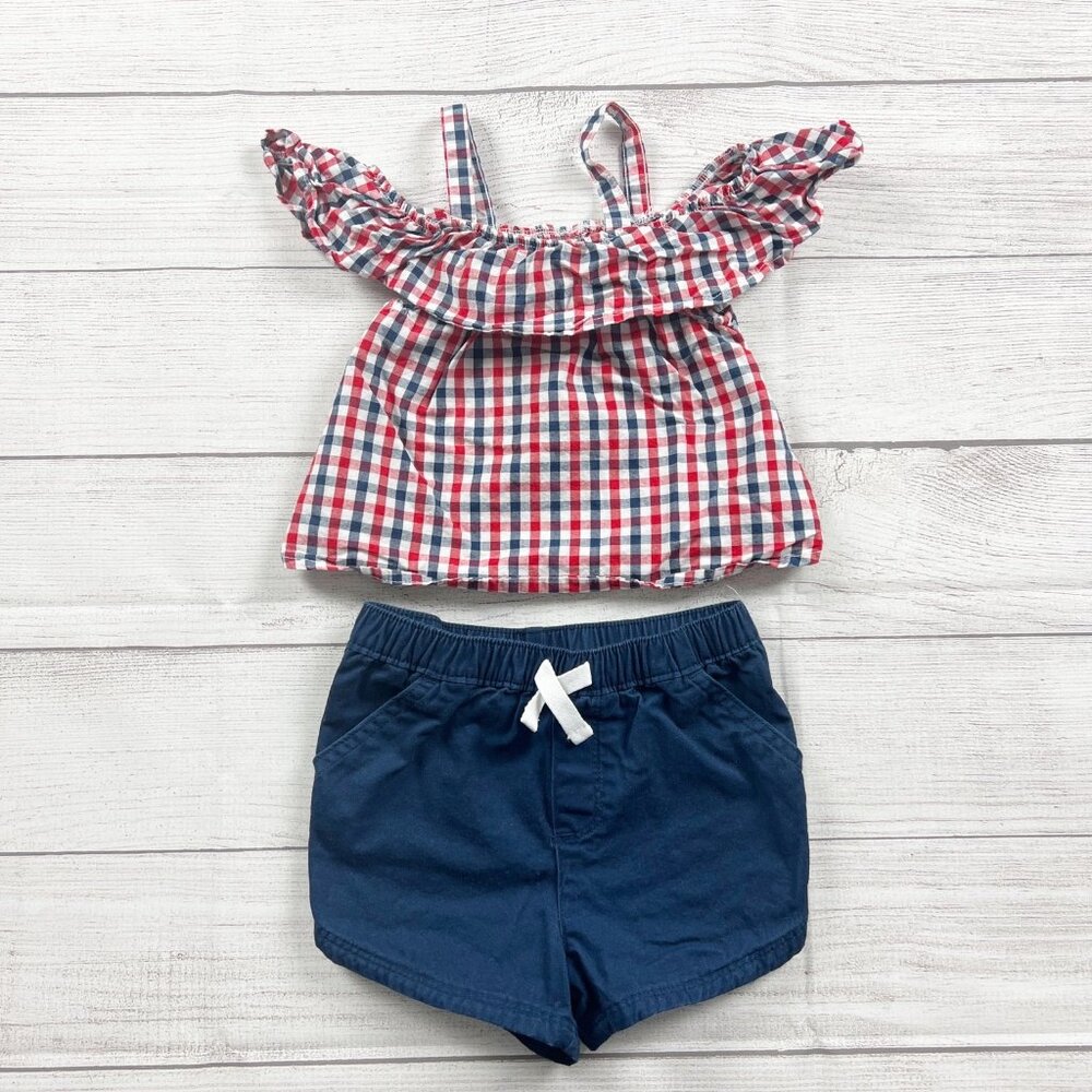Celebrate Kids Outfit Set Red Gingham Ruffle Top Navy Shorts Two-Piece Set 3T - Picture 2 of 4